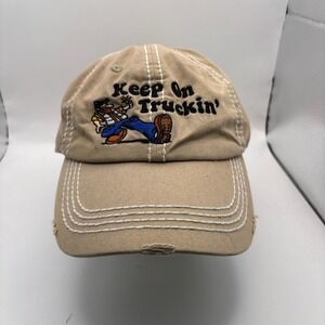 KBETHOS Vintage Keep On Truckin Hat Tan Distressed Contrast Stitch Dad Cap